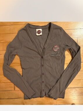 Harley-Davidson Women's Gray Ribbed Button Cardigan with Patch Logo